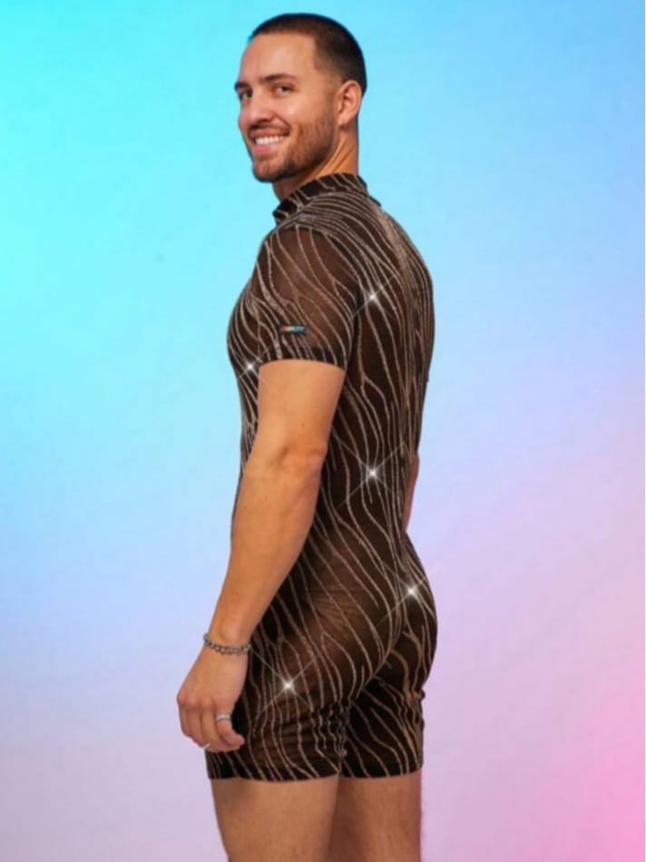 Men's Metallic Mesh Sheer Catsuit Lounge Romper